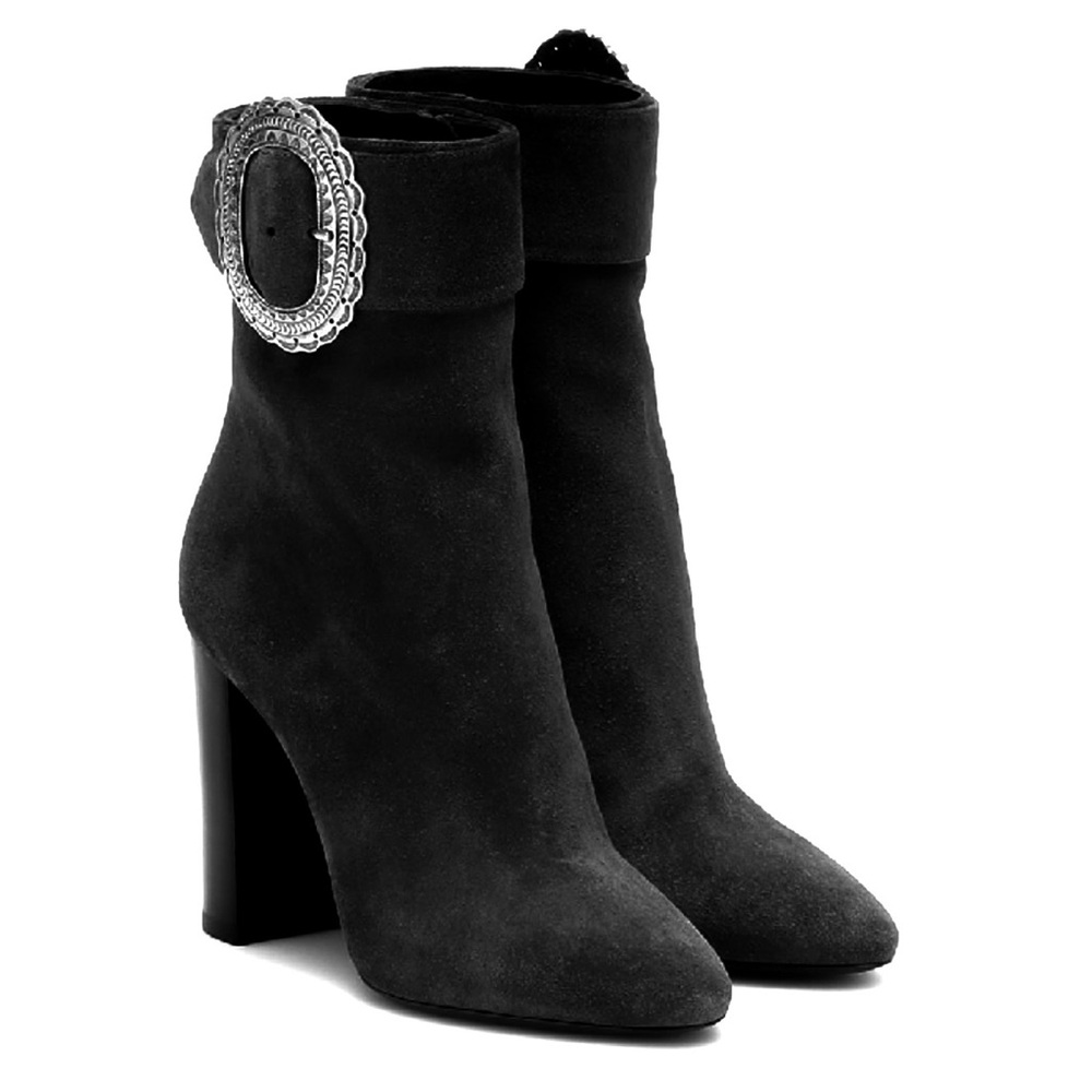 Saint Laurent Joplin Western Embellished Suede Block Heel Ankle Boots Black 35.5 - Picture 2 of 15
